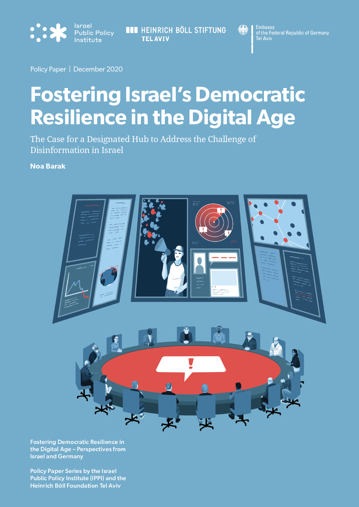 Fostering Israel's Democratic Resilience_Cover Blue cover page with roundtable discussion among experts deciding how to combat disinformation