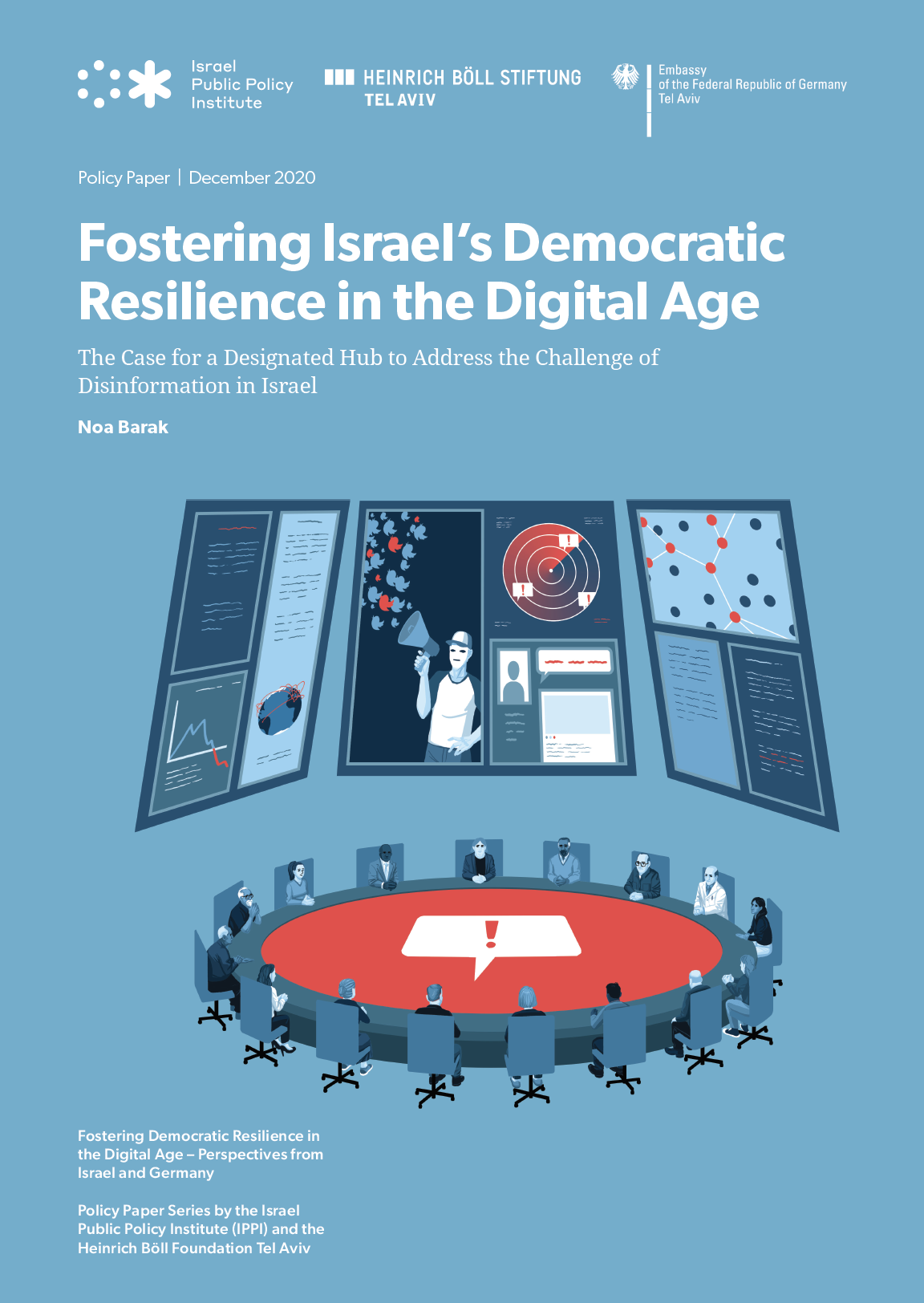 Blue cover page with roundtable discussion among experts deciding how to combat disinformation